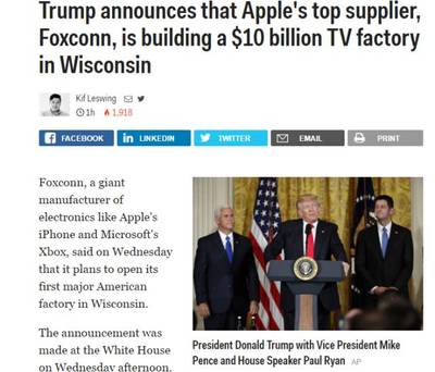 100億美元,數(shù)萬(wàn)新工作 富士康將在美國(guó)建廠(圖)